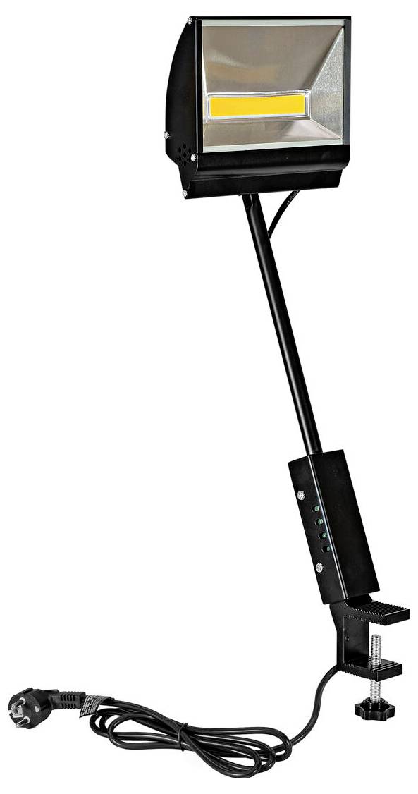 Ein schwarzes LED-Arbeitleuchte mit einer Klammer zur Befestigung und einem Stromkabel, entwickelt für fokussierte Beleuchtung in Arbeitsbereichen oder Werkstätten.