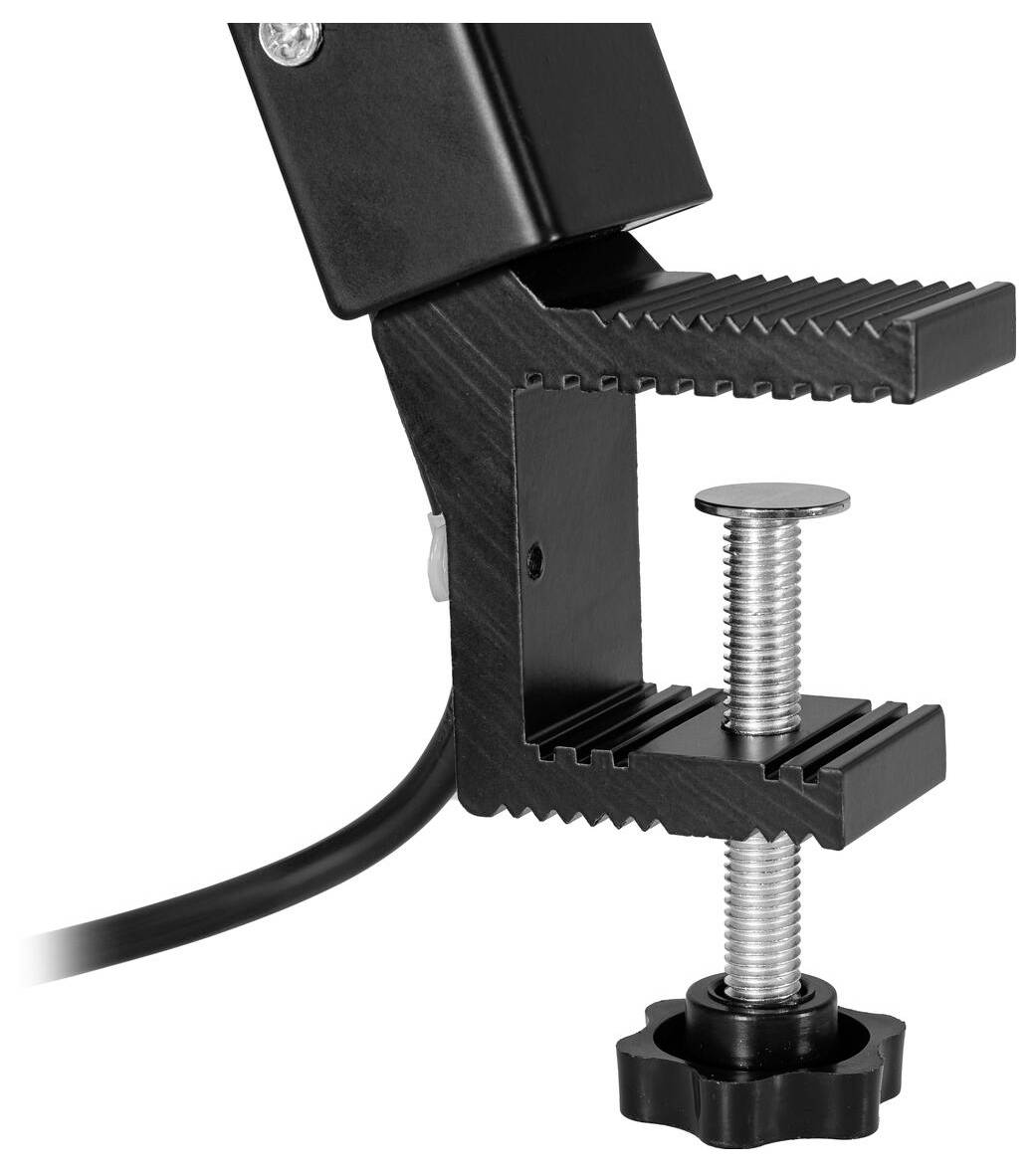Eine schwarze Metallschraubzwinge mit Gewindeschraube und ergonomischem Griff wird gezeigt, die zum sicheren Befestigen von Objekten auf Oberflächen wie Schreibtischen verwendet wird.