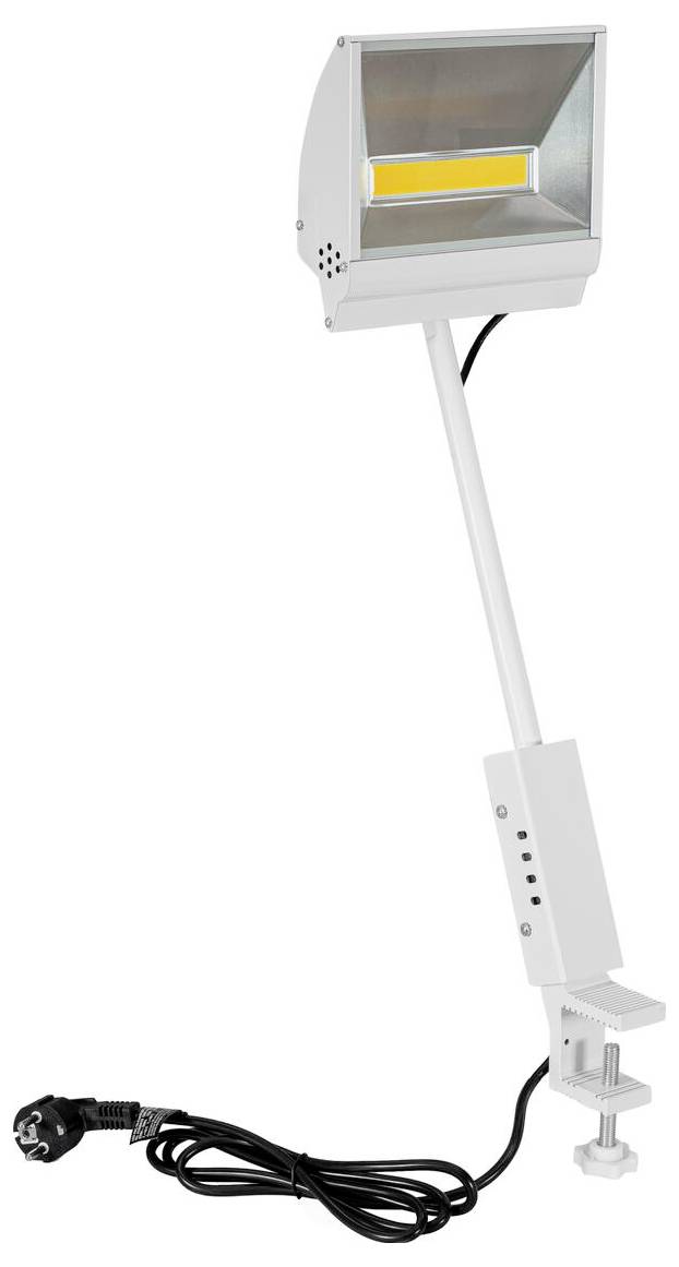 Eine verstellbare weiße LED-Arbeitsleuchte mit einer Klammer zur Befestigung, mit langem Arm und einem Stromkabel mit Stecker.