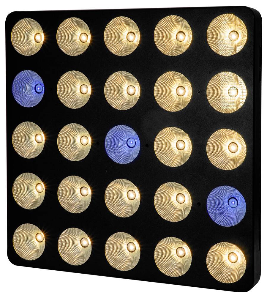 Ein Raster von 25 kreisförmigen LED-Leuchten auf einem einzelnen Panel, jede mit konzentrischen Mustern. Drei der Leuchten sind blau, und die übrigen sind gelb.