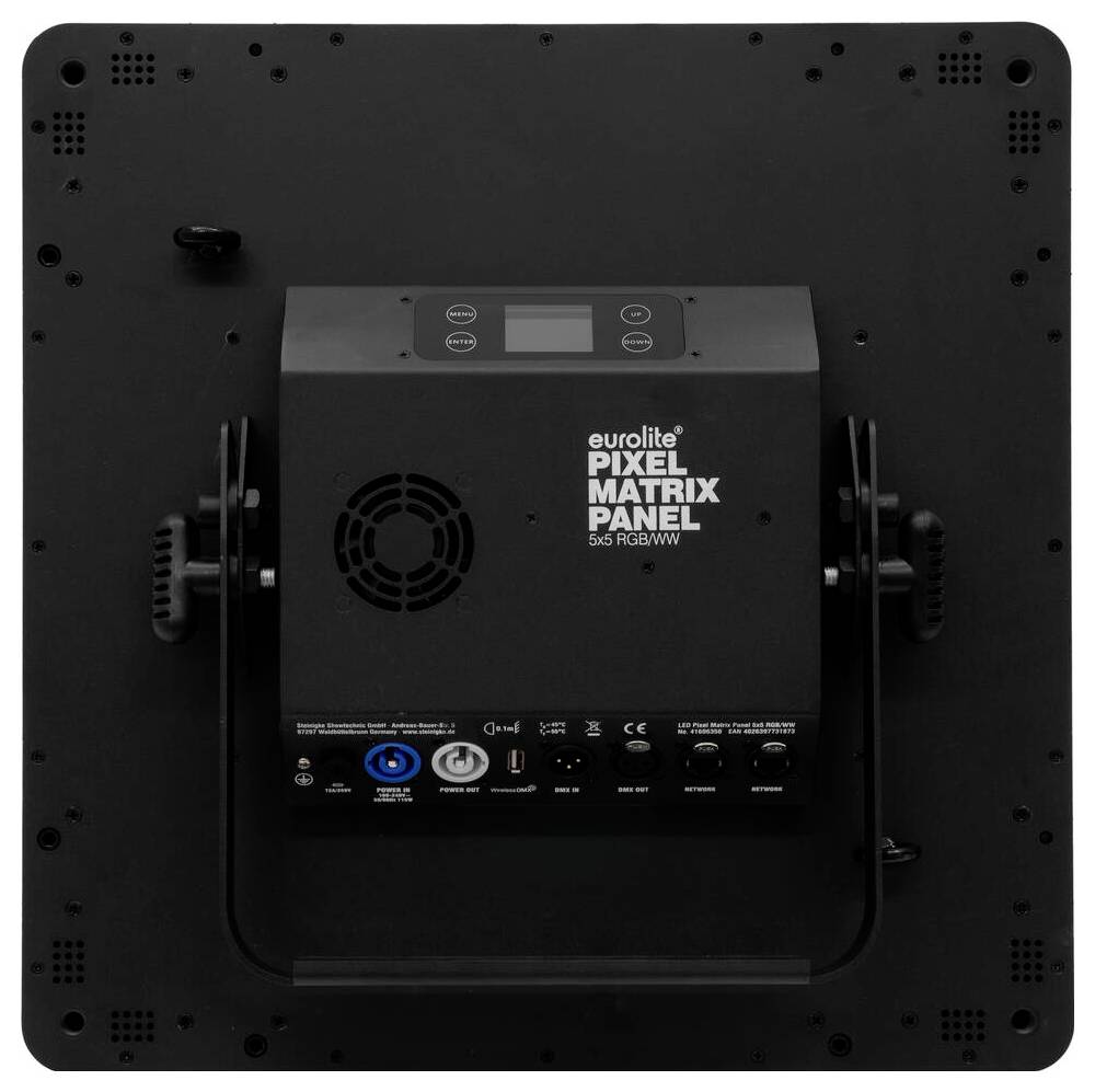 Rückansicht eines Eurolite Pixel Matrix Panel SMD 16x3W, die Bedienfeld, Lüfter, Ein-/Ausgabeanschlüsse und Montagegriffe zeigt.