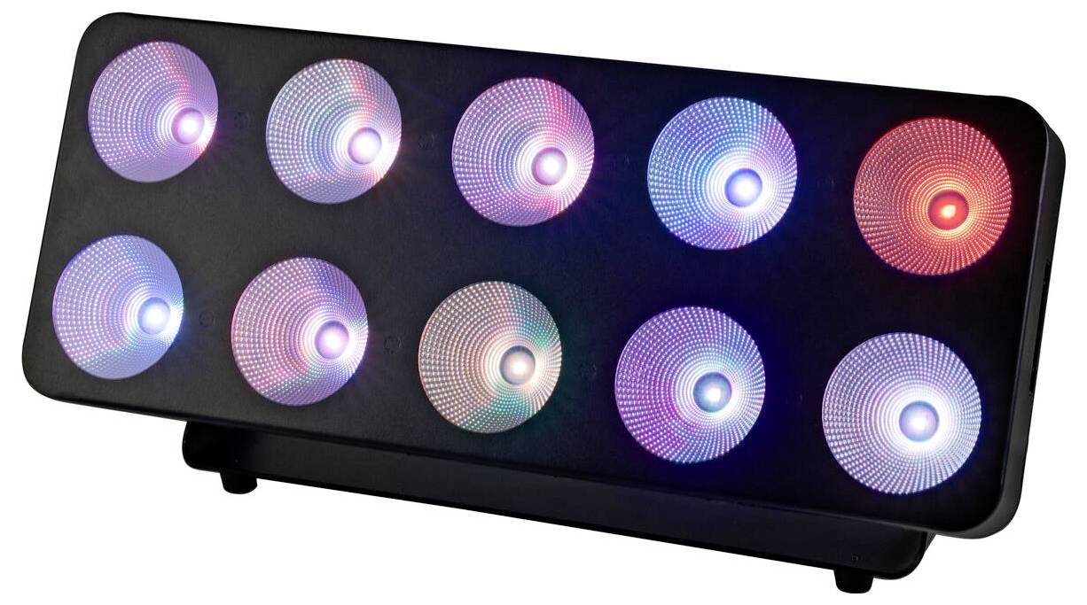 Ein schwarzes rechteckiges Lichtpanel mit zehn kreisförmigen, farbigen LED-Leuchten, die blaue, rote und violette Töne ausstrahlen und in zwei Reihen angeordnet sind.