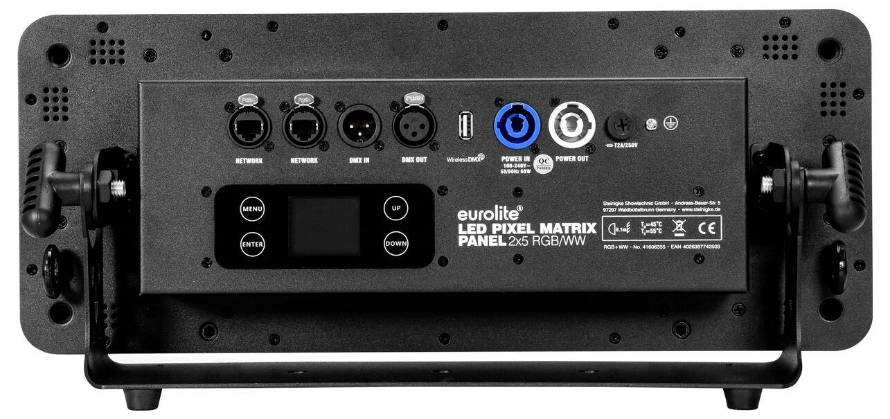 Rückansicht des Eurolite LED Pixel Matrix Panels, die Anschlussports für DMX, RJ45, Stromein-/ausgang und Modusschaltflächen zeigt.