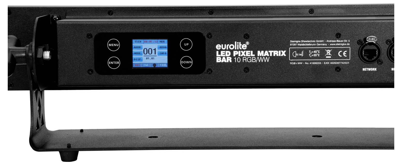„Eurolite LED Pixel Matrix Bar 10 RGB/WW" Bedienfeld zeigt Einstellungen mit Menütasten auf einer schwarzen Leuchte an.