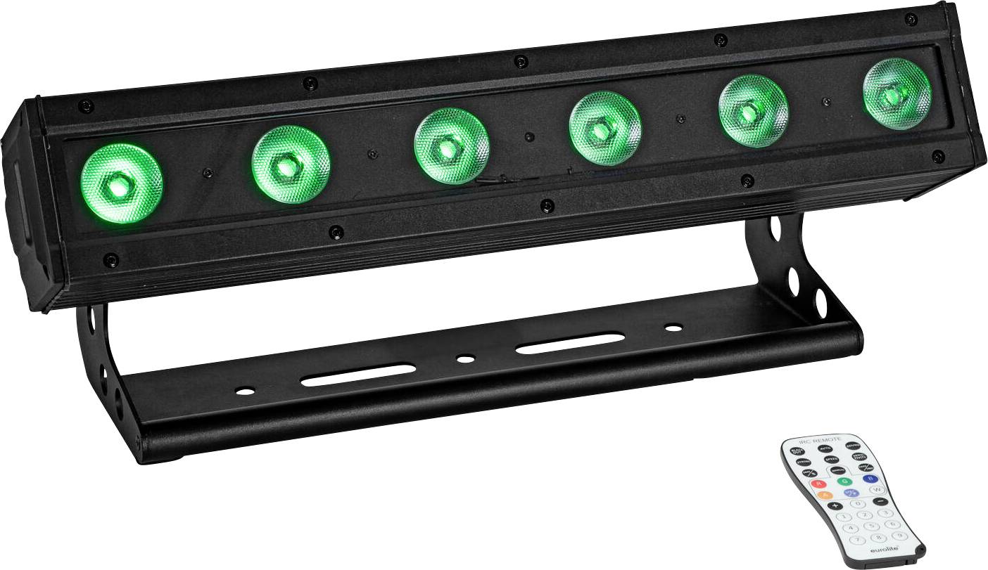 Eine schwarze LED-Leuchtenleiste mit sechs grünen Lichtern, auf einem Ständer montiert, dargestellt mit einer Fernbedienung zur Einstellung der Einstellungen.