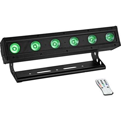 Eine schwarze LED-Leuchtenleiste mit sechs grünen Lichtern, auf einem Ständer montiert, dargestellt mit einer Fernbedienung zur Einstellung der Einstellungen.