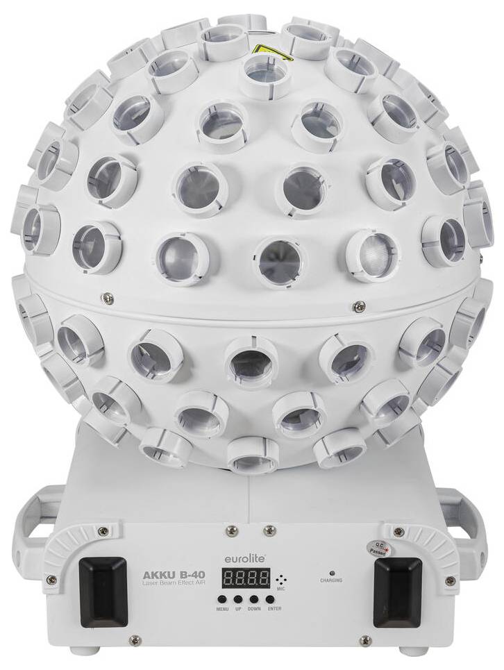 Eine sphärische weiße Leuchte mit mehreren kleinen Lichtern auf ihrer Oberfläche, die auf einer Kontrollbox mit der Aufschrift „Eurolite" steht.