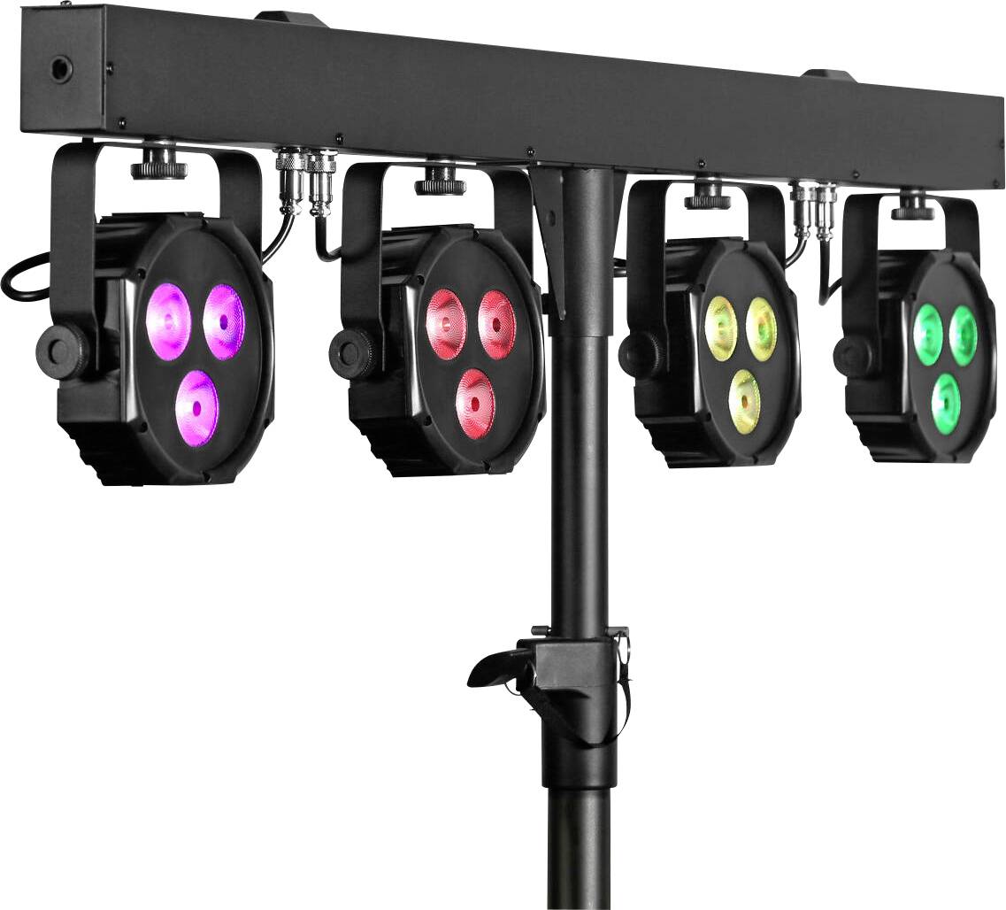 Eine Beleuchtungsanlage mit vier LED-Bühnenscheinwerfern, von denen jeder eine andere Farbe ausstrahlt: Rosa, Rot, Gelb und Grün. Montiert auf einem schwarzen Ständer.