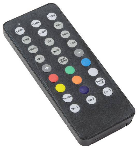„Fernbedienung mit verschiedenen Funktionstasten einschließlich Lampe, Blitz, Laser, Farbe, Geschwindigkeit, Musik, Plus, Minus und Favoriten."
