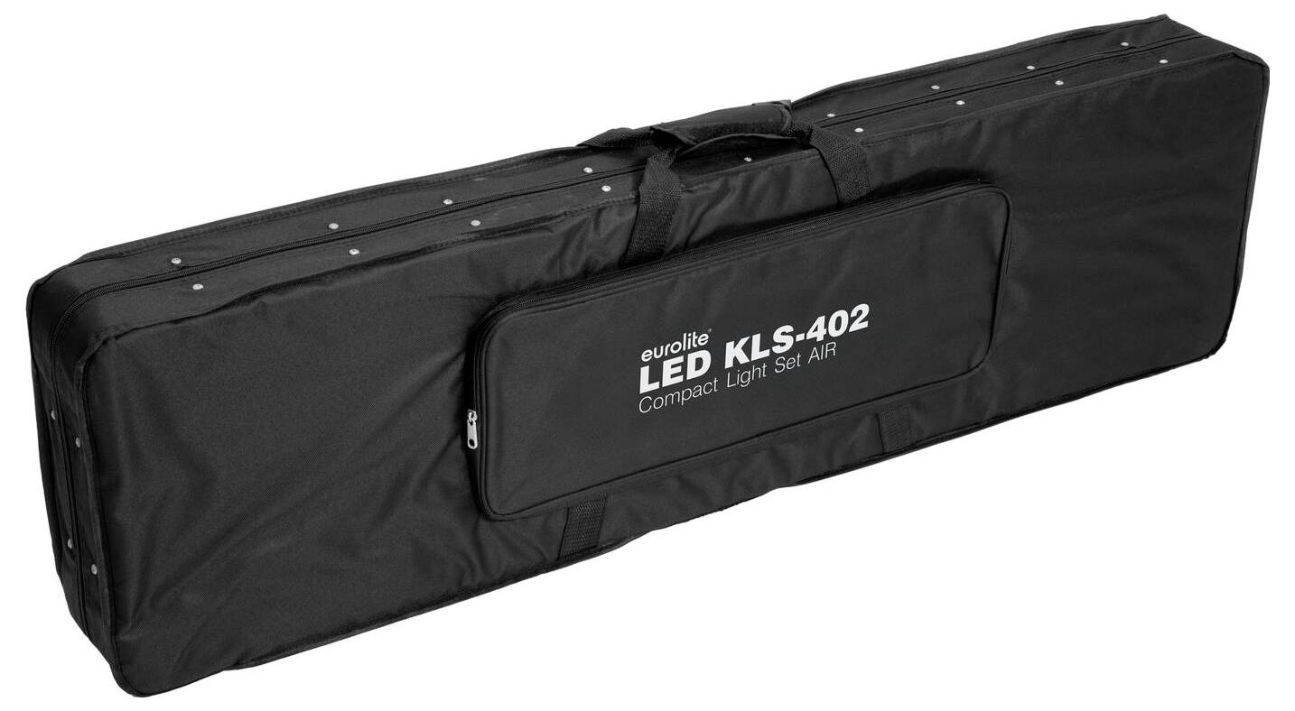 Ein langer schwarzer Tragekoffer mit Griff, beschriftet mit „LED KLS-402 Compact Light Set Air", konzipiert zum Transport von Beleuchtungsausrüstung.