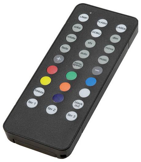 Fernbedienung für Lichteffekte mit Tasten für Farbe, Rotation, Fading, Musik und Voreinstellungen, unter anderem.