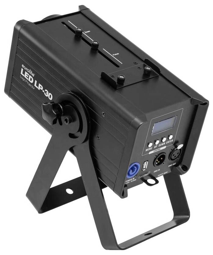 Ein schwarzes LED-Bühnenlicht LP-30 mit verschiedenen Steuertasten und Anschlüssen an der Seite, montiert auf einer verstellbaren Halterung.