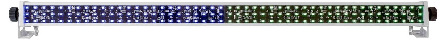 Ein langes, rechteckiges LED-Leuchtband mit blauen und grünen Lichtern, das auf einem Metallständer für Aquarium oder Pflanzenwachstum verwendet wird.