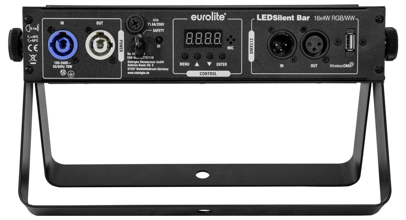 Rückansicht einer Eurolite LEDSilent Bar mit Bedienfeld und verschiedenen Anschlüssen, einschließlich DMX Ein-/Ausgang, Stromversorgung und USB.