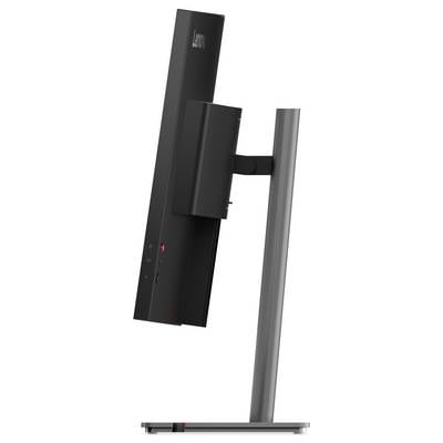 Eine Seitenansicht eines dünnen schwarzen Computermonitors auf einem schlanken Ständer, der sein schlankes Profil und modernes Design zur Schau stellt.