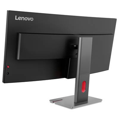 Ein Lenovo-Monitor von hinten gezeigt, mit geschwungenem Design, verstellbarem Ständer und eleganter schwarzer Oberfläche.