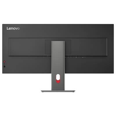 'Rückansicht eines schwarzen ultrabreiten Lenovo-Monitors mit Ständer, Eingabeanschlüssen und Unternehmenslogo in der oberen linken Ecke.'