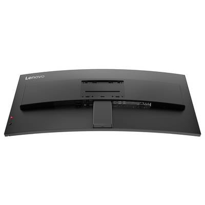 „Rückansicht eines gekrümmten Lenovo-Monitors mit Anschlüssen und einem Befestigungsbereich für die Halterung, die Konnektivität und Designmerkmale hervorhebt."