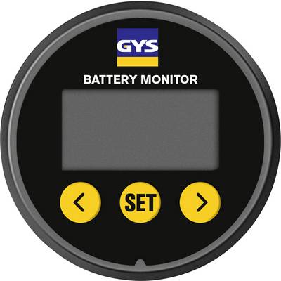 Rundes Batterie-Monitor-Display mit "GYS"-Logo, digitalem Bildschirm und drei gelben Tasten mit Pfeilen und "SET"-Beschriftung.
