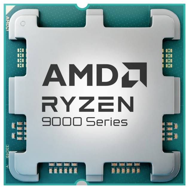 Ein Prozessor-Chip mit dem Text „AMD Ryzen 9000 Series" prominent angezeigt, der eine Art Computerhardware-Komponente darstellt.