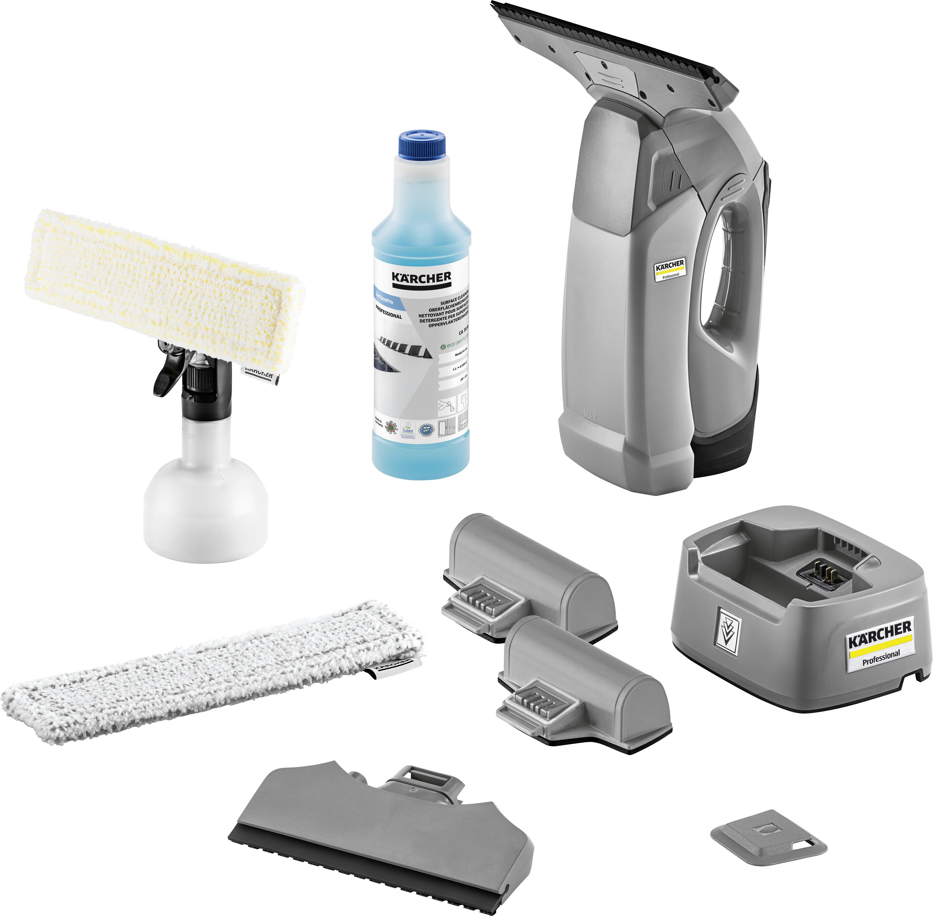 Fensterreinigungsset bestehend aus einem tragbaren Staubsauger, Sprühflasche mit Mikrofasertuch, Reinigungslösung, Ladegerät und Zubehör.