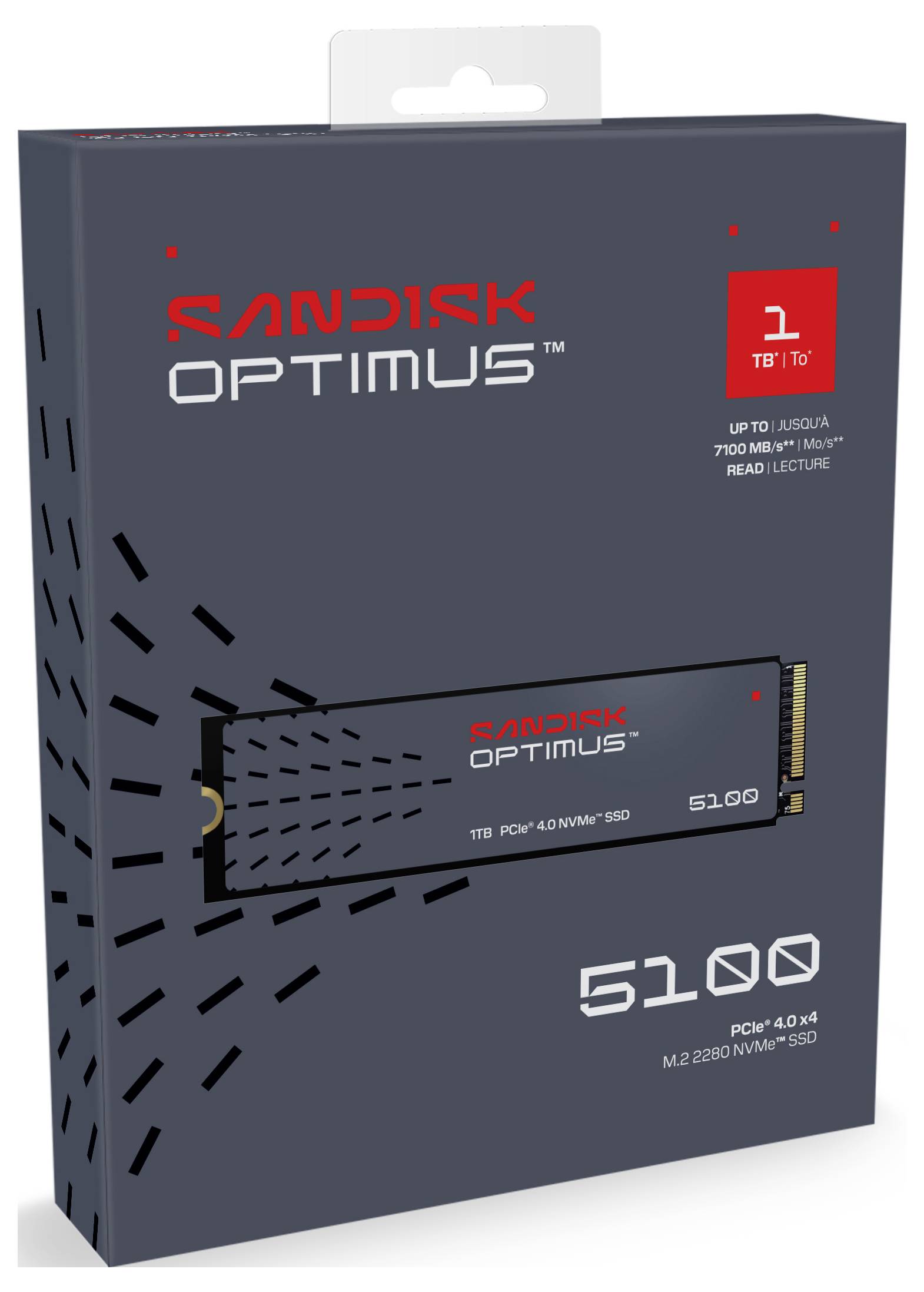SanDisk Optimus 1TB PCIe 4.0 NVMe SSD Verpackung, blau mit Produktabbildung und Spezifikationen: bis zu 7300 MB/s Lesegeschwindigkeit, M.2 2280 Formfaktor.
