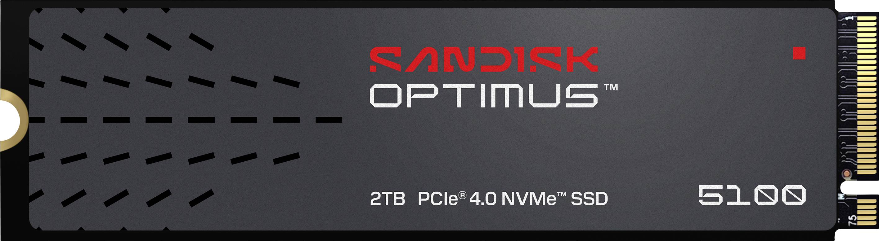 Eine PCIe 4.0 NVMe SSD von SanDisk mit der Bezeichnung „OPTIMUS" mit 2 TB Speicherkapazität, mit schwarzem Design und rotem und weißem Text.