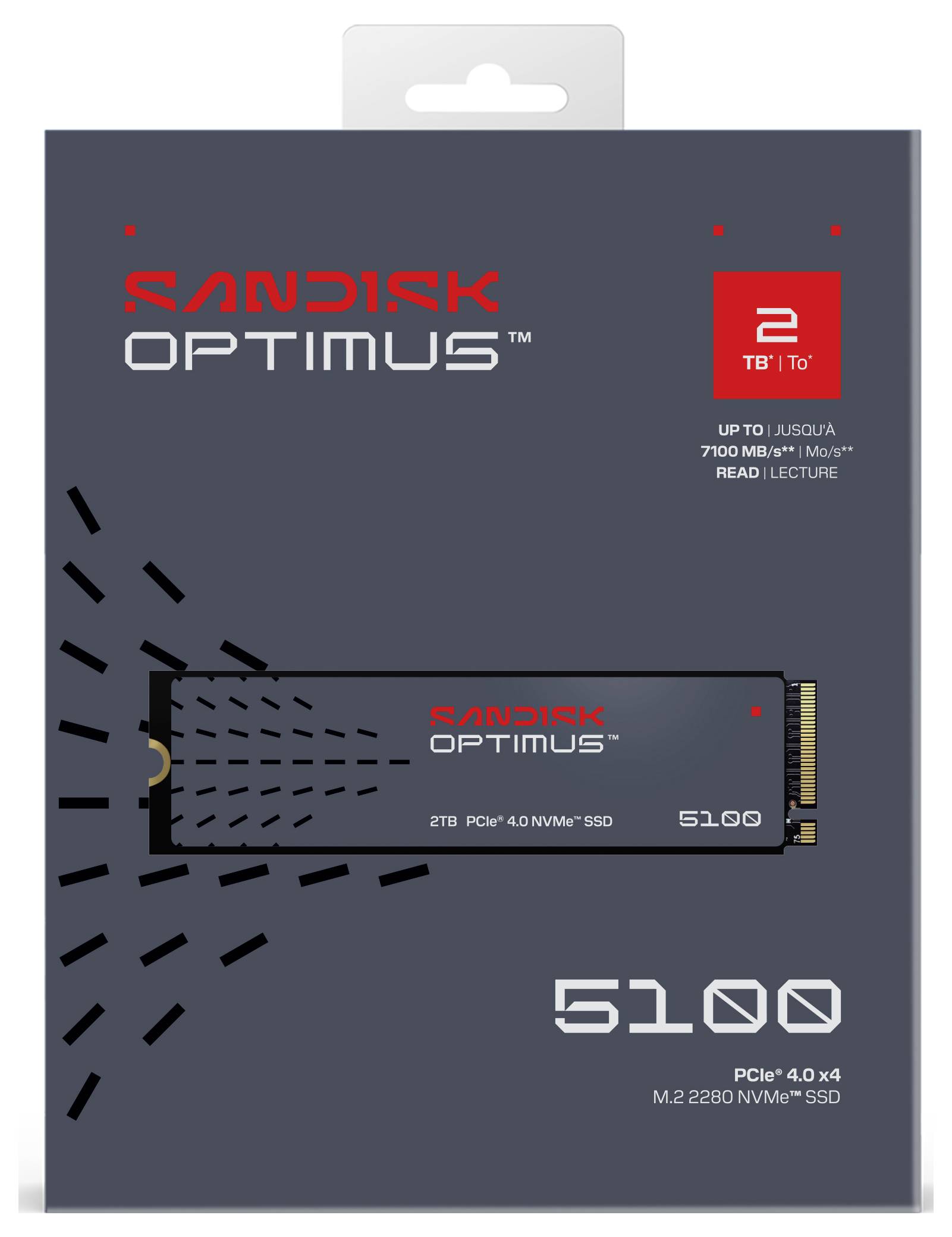 „SanDisk Optimus" 2TB NVMe SSD-Verpackung. Funktionen umfassen PCIe 4.0, Lesegeschwindigkeiten bis zu 7100 MB/s und 5100er-Serie-Branding.