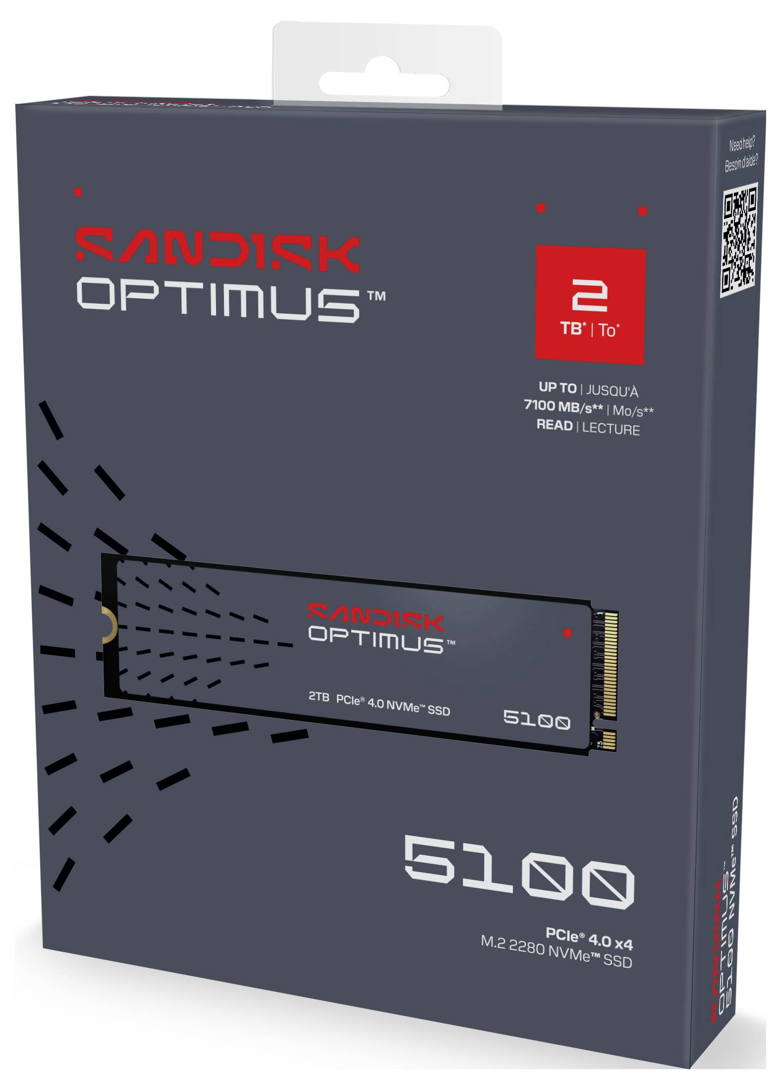 Verpackung einer SanDisk Optimus 2TB PCIe 4.0 NVMe SSD mit einer Lesegeschwindigkeit von 7100MB/s.