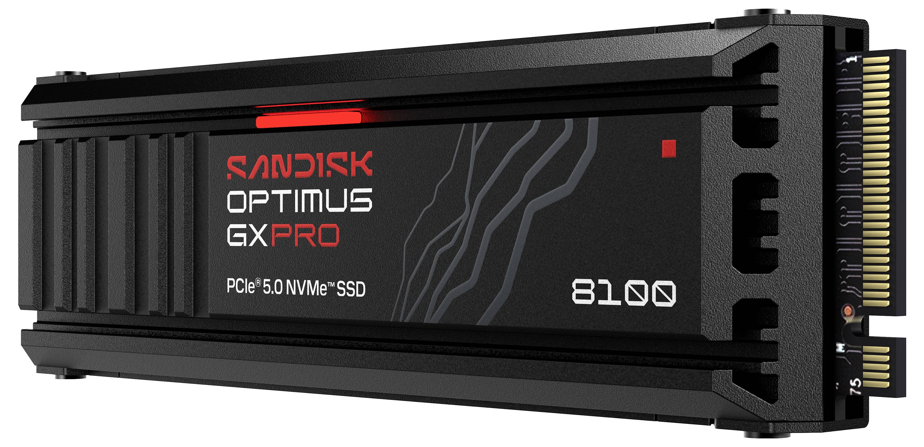 'SanDisk Optimus GXPro 8100 PCIe 5.0 NVMe SSD, schwarzes Gehäuse mit Branding, Ansicht von rechts zeigt Steckerverbinder-Pins.'