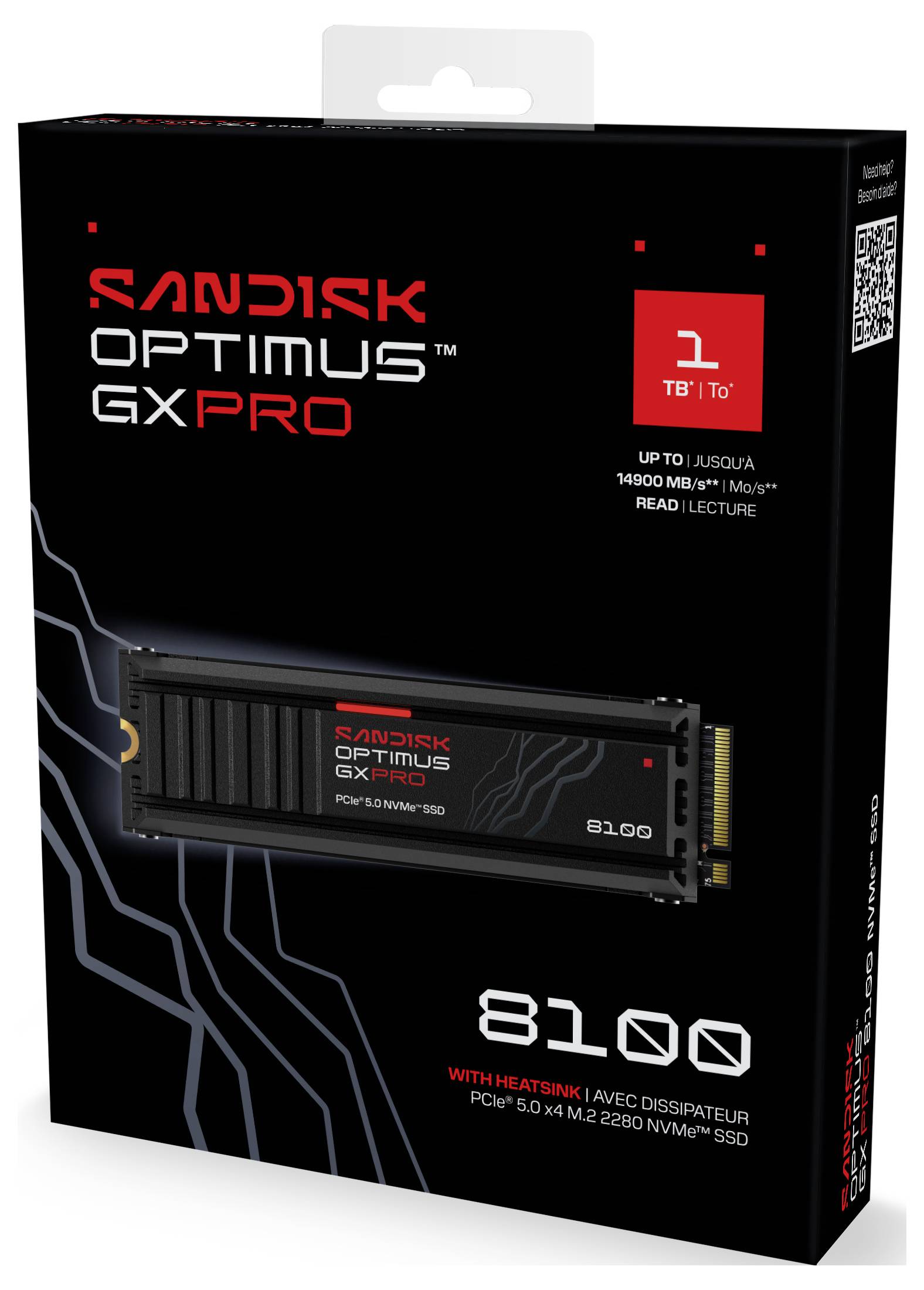„Sandisk Optimus GX Pro" SSD-Paket mit 1TB Speicher, Lesegeschwindigkeit bis zu 14000MB/s, mit Kühlkörper. Abbildung des Laufwerks befindet sich auf der Verpackung.