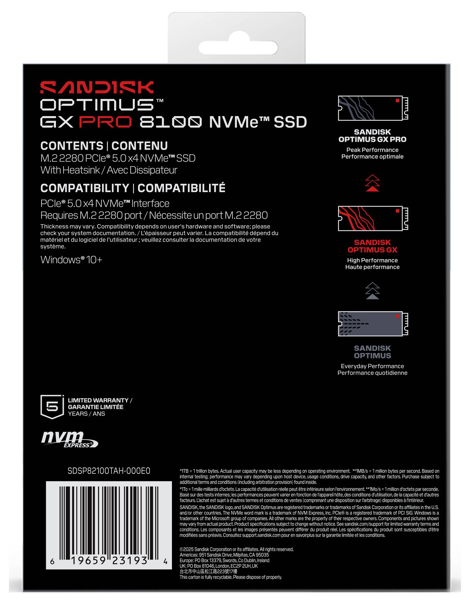 Die Rückseite einer SanDisk-SSD-Schachtel zeigt Produktdetails: „OPTIMUS GX PRO 8100 NVMe SSD", Kompatibilität und Systemanforderungen für Windows 10+.