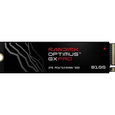 SanDisk Optimus GX Pro 2TB PCIe 5.0 NVMe SSD 8100 Solid-State Drive mit elegantem schwarzem Design und Schaltplanmuster.