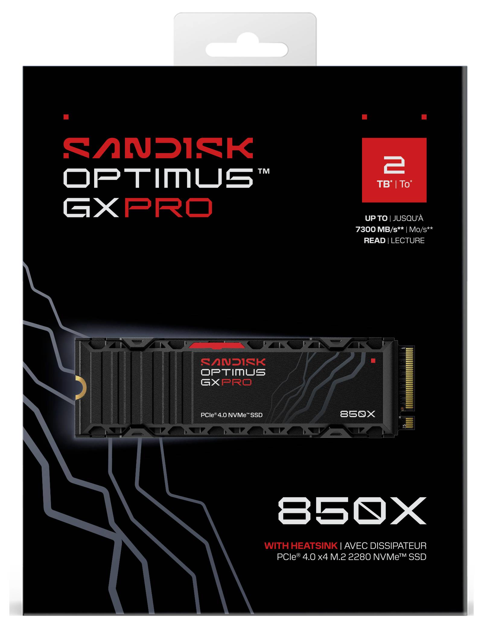 SanDisk Optimus GX Pro 2TB PCIe 4.0 NVMe SSD Paket mit Lesegeschwindigkeit bis zu 7300 MB/s, mit Kühlkörper. Schwarz- und Rotdesign.