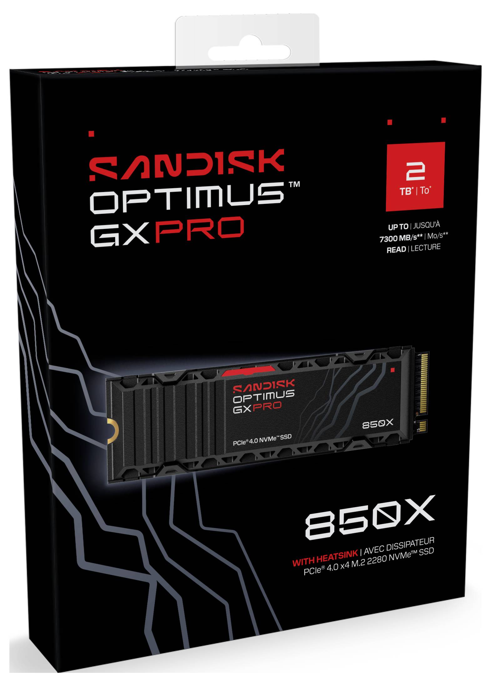 Verpackung für SanDisk Optimus GX Pro SSD, 2TB Kapazität, PCIe 4.0 x4 M.2 2280, 7300 MB/s Lesegeschwindigkeit. Inklusive Kühlkörper.