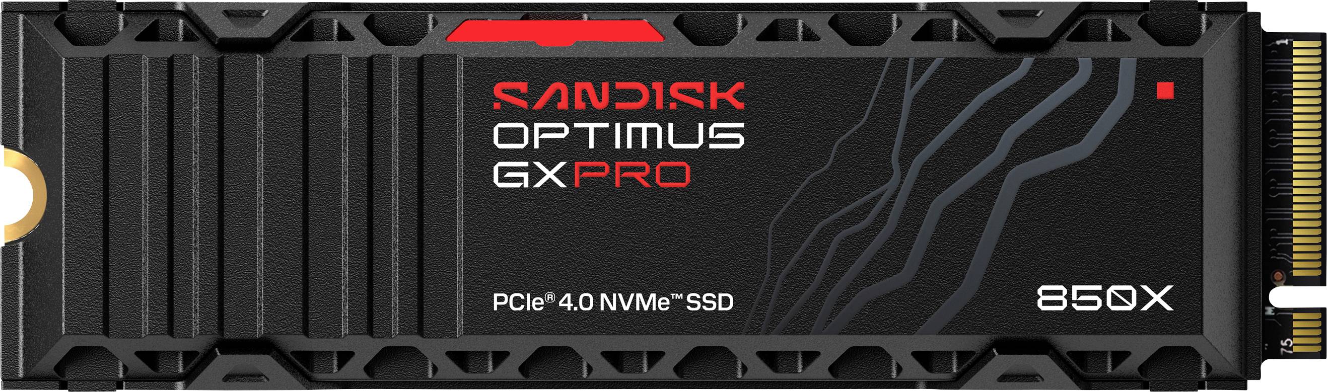 "SanDisk Optimus GX Pro 850X PCIe 4.0 NVMe SSD" Etikett auf einem Solid-State-Laufwerk mit Branding und Modelldetails.