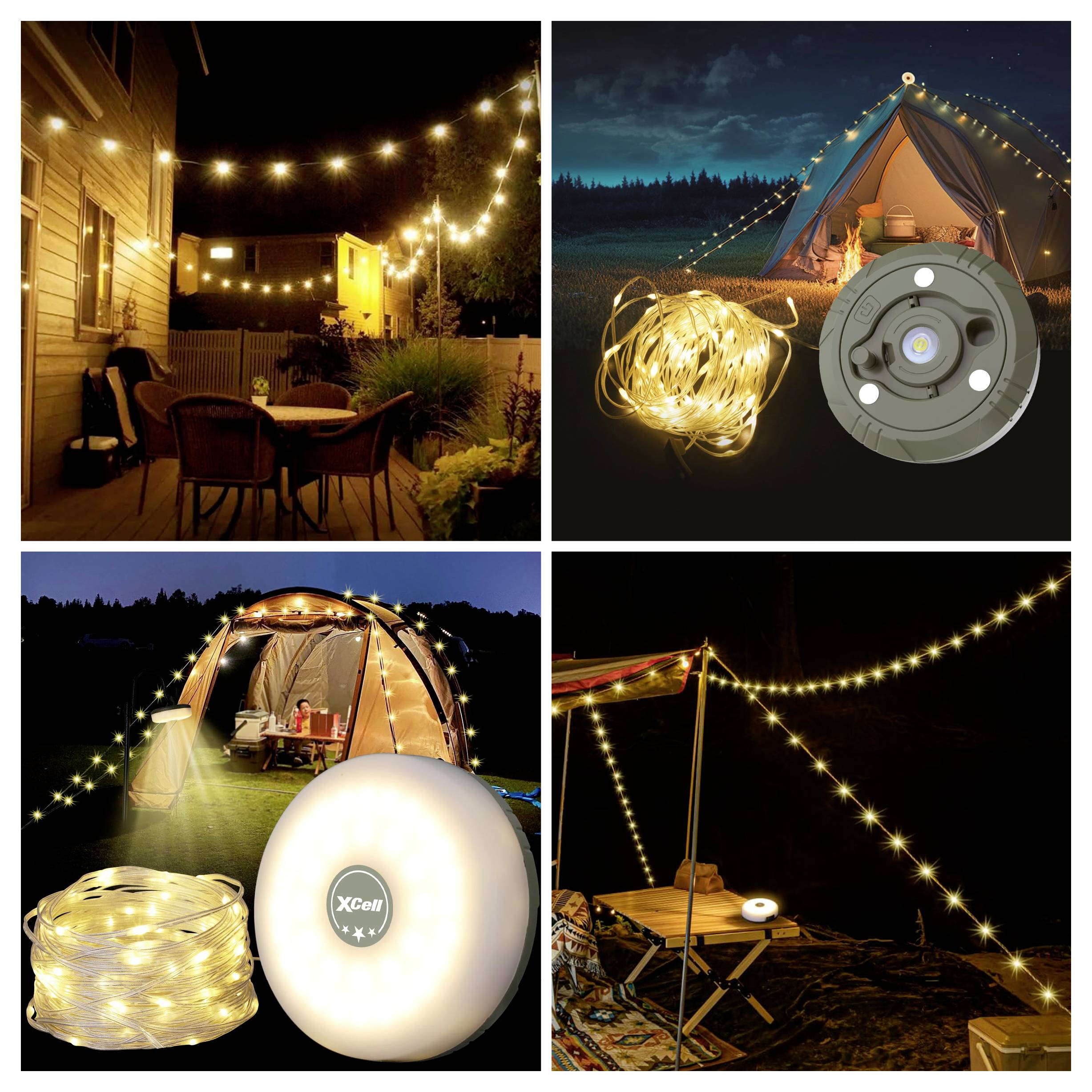 'Outdoor-Lichterketten und Campingleuchten beleuchten verschiedene nächtliche Umgebungen, darunter Terrassen, Zelte und Campingplatz-Einrichtungen.'
