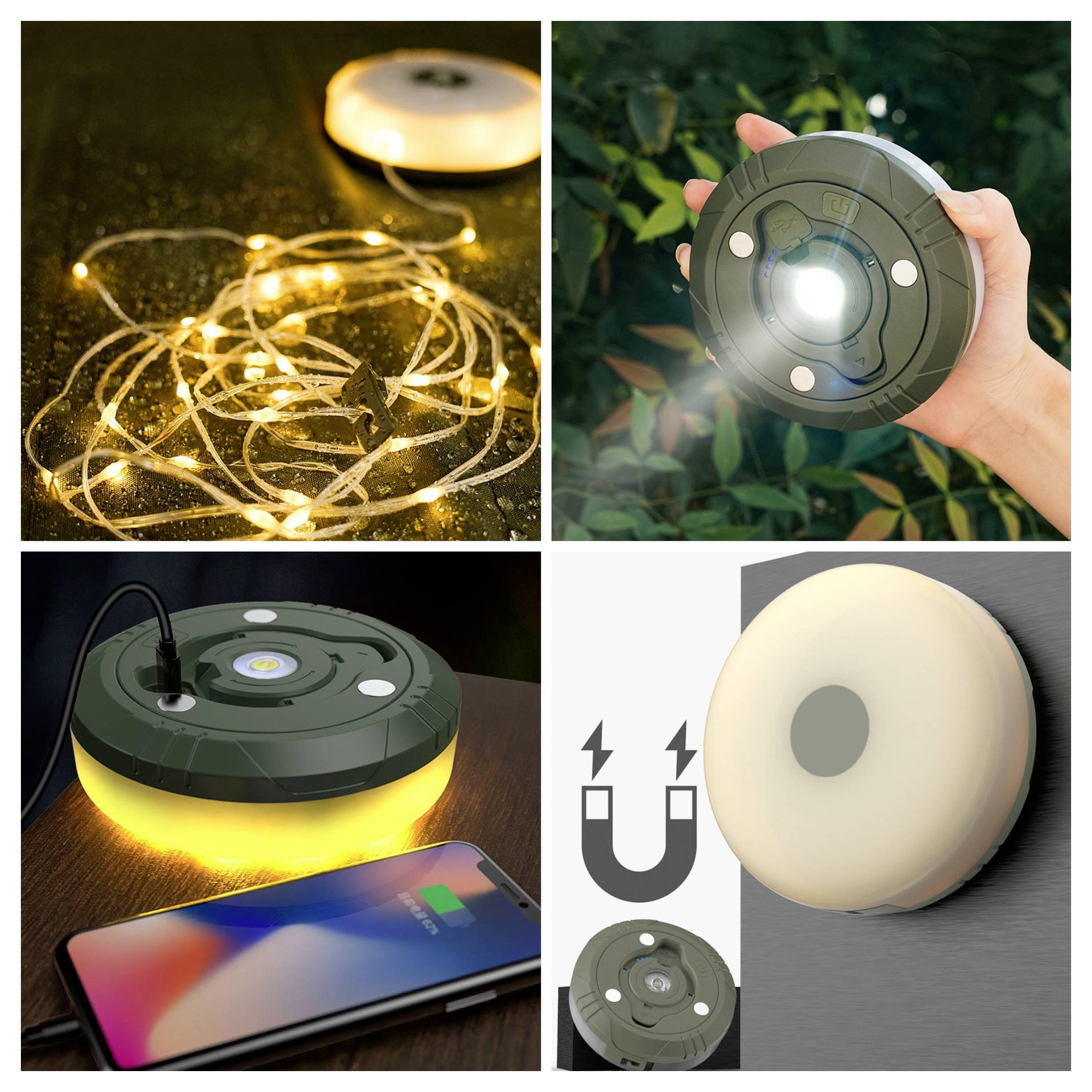 'Tragbare LED-Lichtscheibe; oben links: Lichterkette; oben rechts: Scheibe in der Hand; unten links: Telefon wird aufgeladen; unten rechts: Scheibe mit Magnetsymbol.'