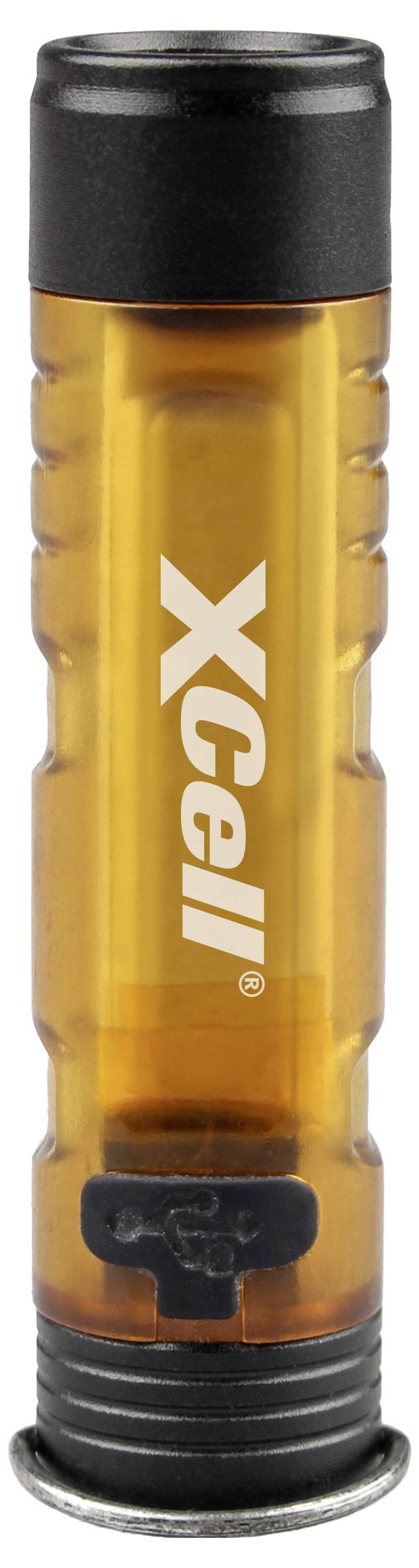 Eine transparente orangefarbene Batterie mit der Aufschrift „XCell".
