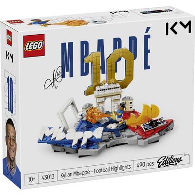 Die LEGO Icons-Schachtel für „Kylian Mbappé - Football Highlights" zeigt Mbappé, eine goldene „10" und ein fußballthematisches Modell; 490 Teile, ab 10 Jahren.