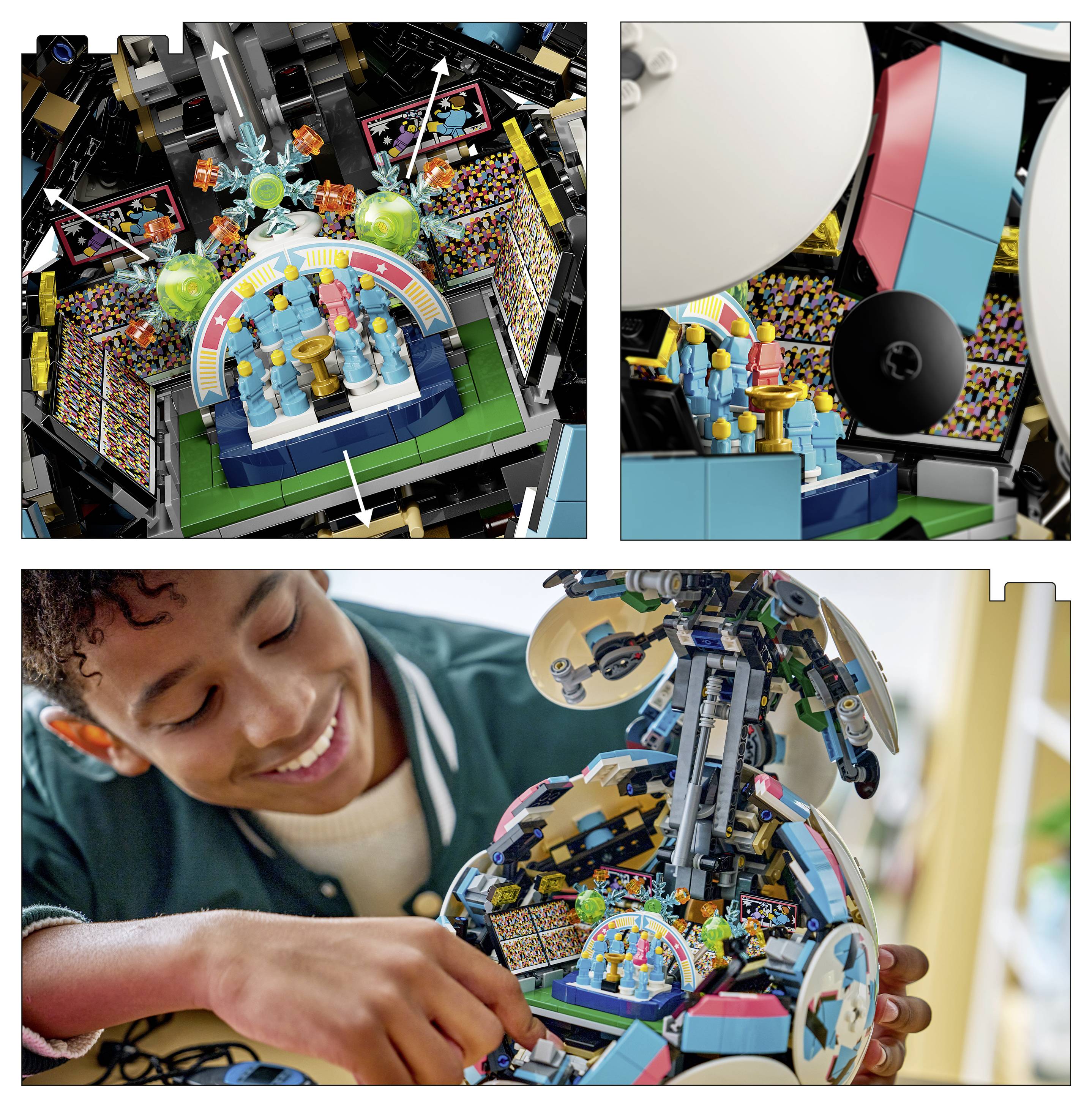 Eine Person interagiert mit einem farbenfrohen LEGO-Modell, das einem DJ-Booth und einer Konzertszene ähnelt und Miniaturfiguren sowie leuchtend bunte Details aufweist.