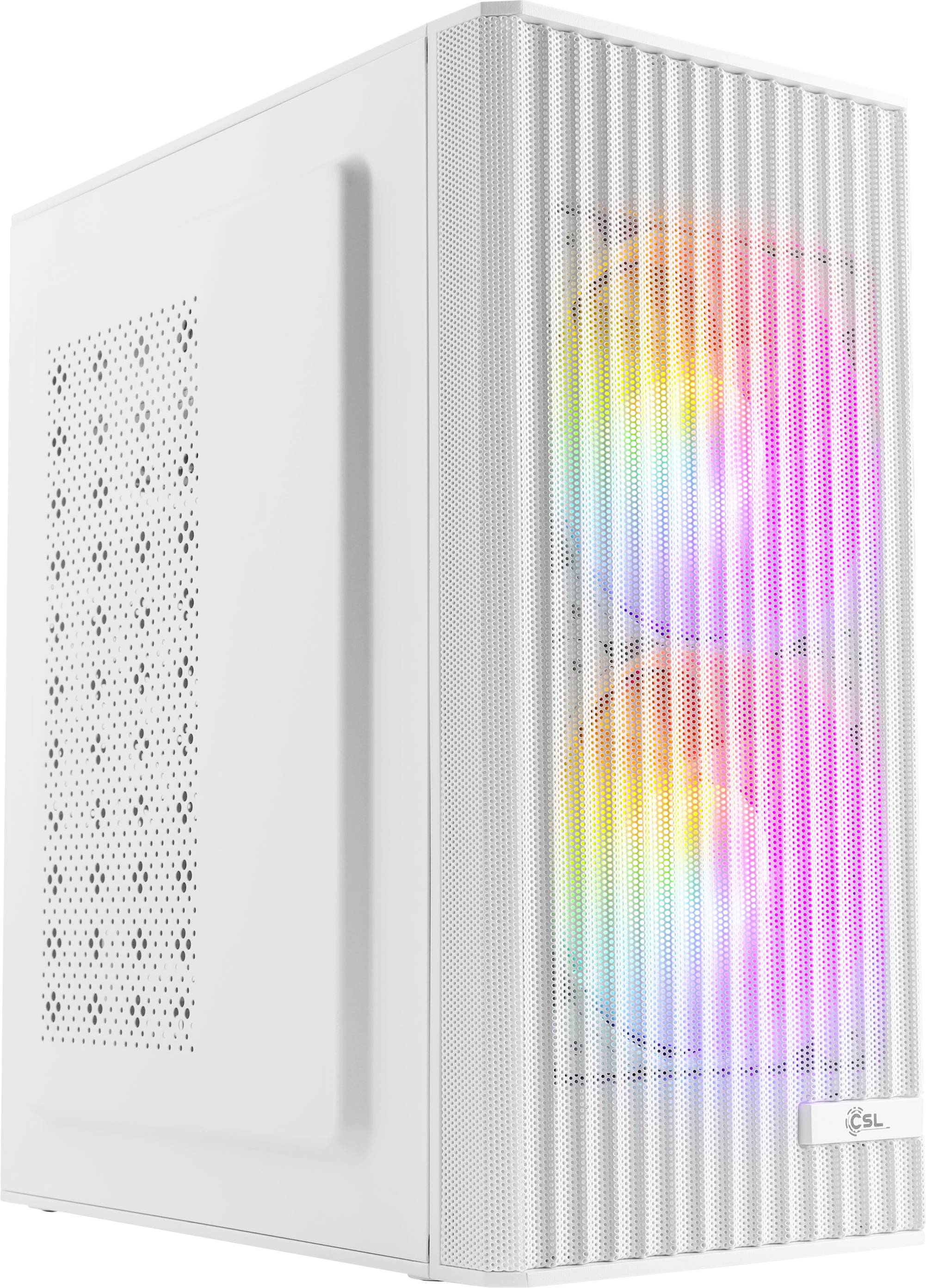 Ein weißes Computer-Gehäuse mit perforiertem Seitenpanel und Frontgitter, das zwei farbige, beleuchtete Lüfter aufweist.
