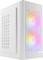 Ein weißes Computer-Gehäuse mit perforiertem Seitenpanel und Frontgitter, das zwei farbige, beleuchtete Lüfter aufweist.