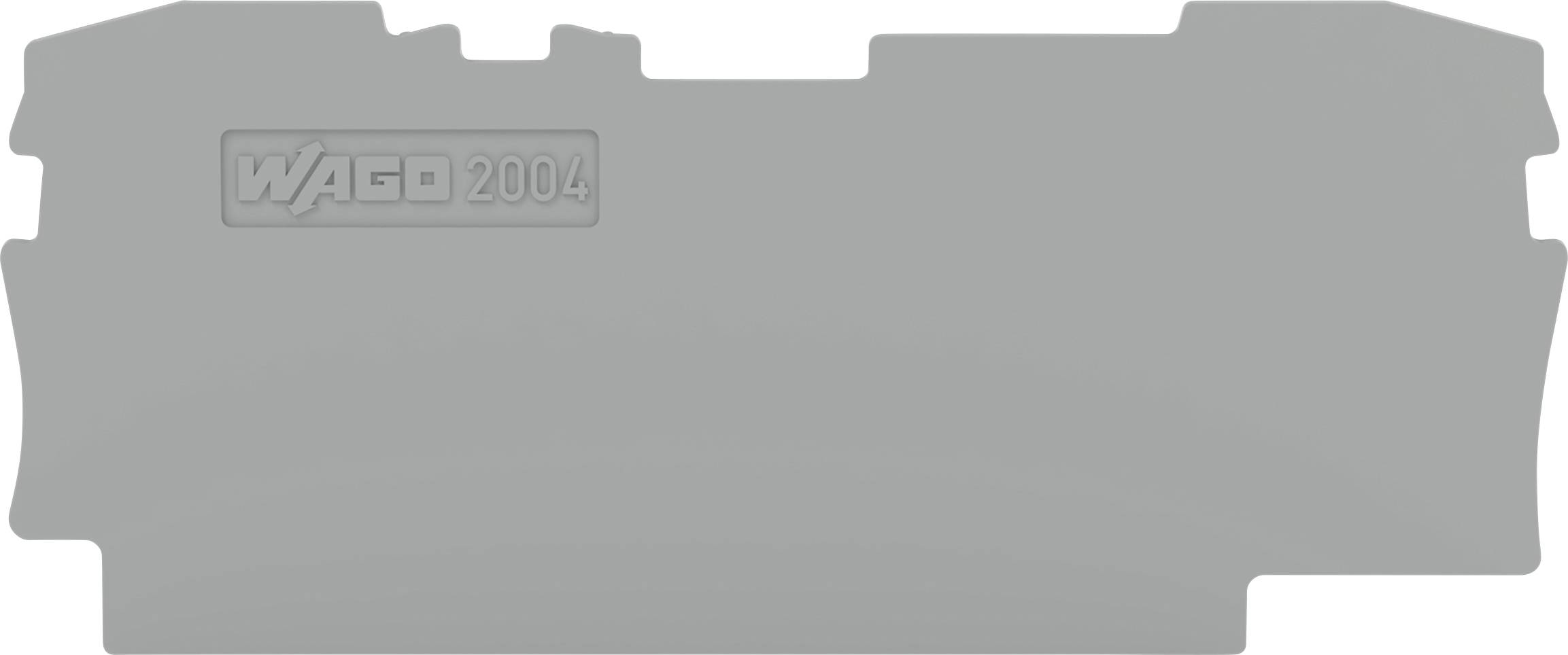 Eine graue Komponente mit der Beschriftung "WAGO 2004" deutet auf ein elektrisches oder industrielles Geräteteil hin. In der Mitte angebracht, mit Kerben und Vertiefungen.