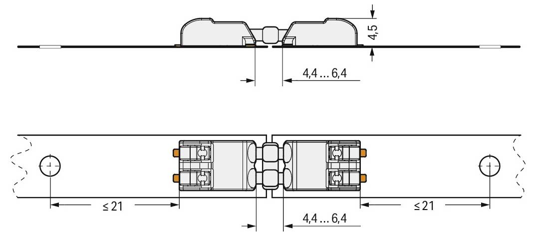'Diagramm eines mechanischen Scharniers mit Seiten- und Draufsicht. Abmessungen: 4,4 bis 6,4 mm in der Breite und bis zu 21 mm in der Tiefe.'