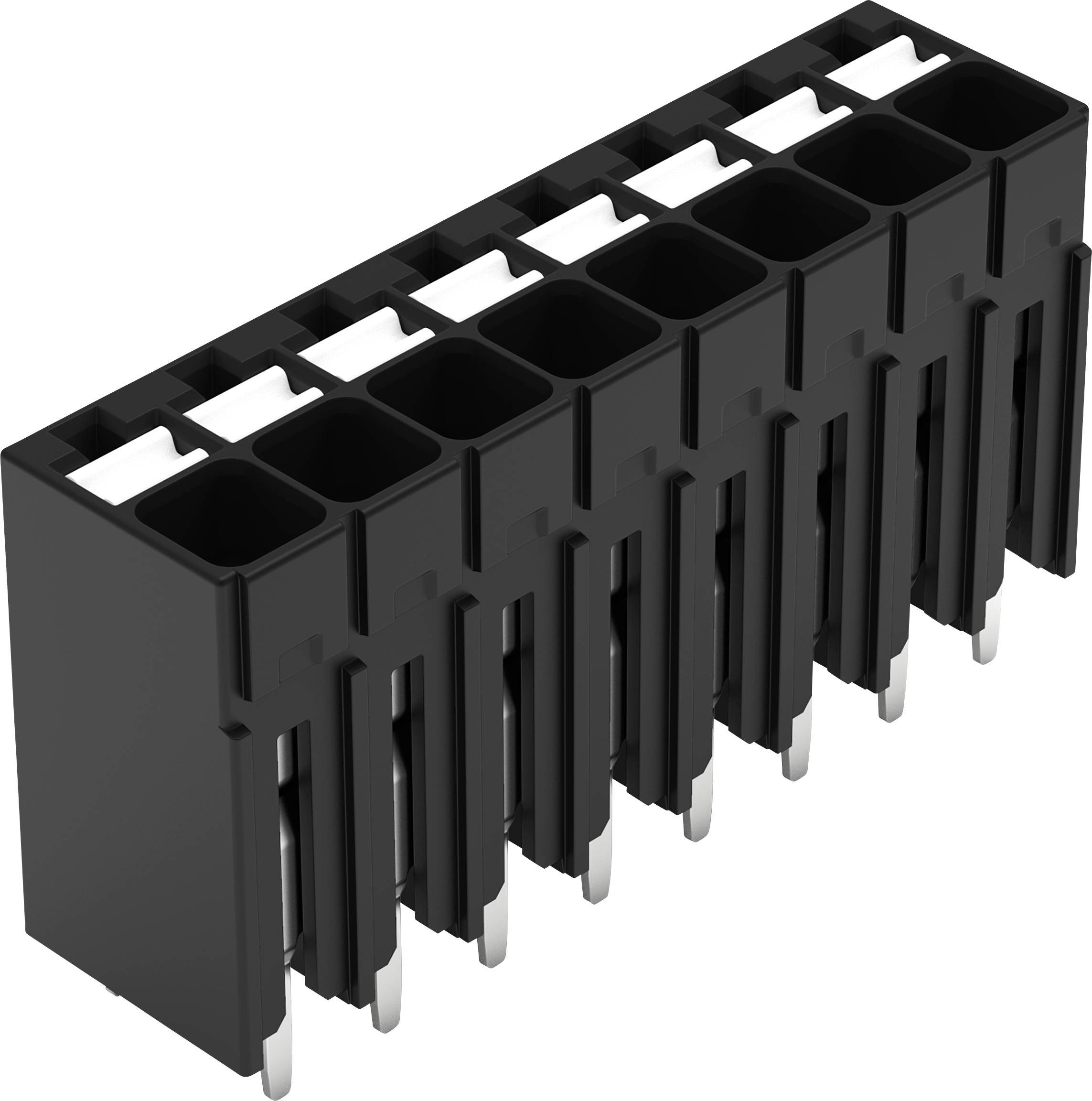 Ein schwarzer 10-poliger Elektrostecker mit parallelen Schlitzen, verwendet zum Sichern elektronischer Komponenten, von einer schrägen Perspektive aus gezeigt.