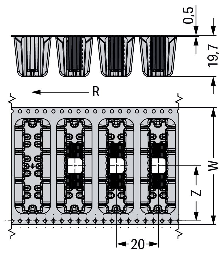 Technische Zeichnung mit Draufsicht und Seitenansicht einer modularen mechanischen Komponente mit den gekennzeichneten Abmessungen R, W und Z.