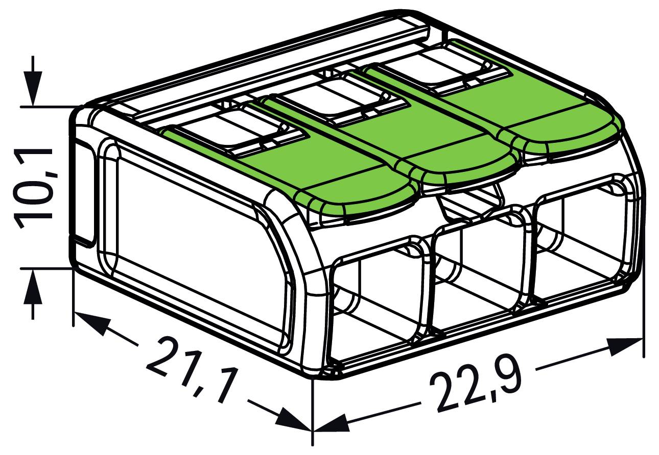 Technische Zeichnung eines Drei-Kammer-Steckers mit Abmessungen: Höhe 10,1 mm, Breite 21,1 mm, Tiefe 22,9 mm, zeigt Seiten- und Draufsichten.