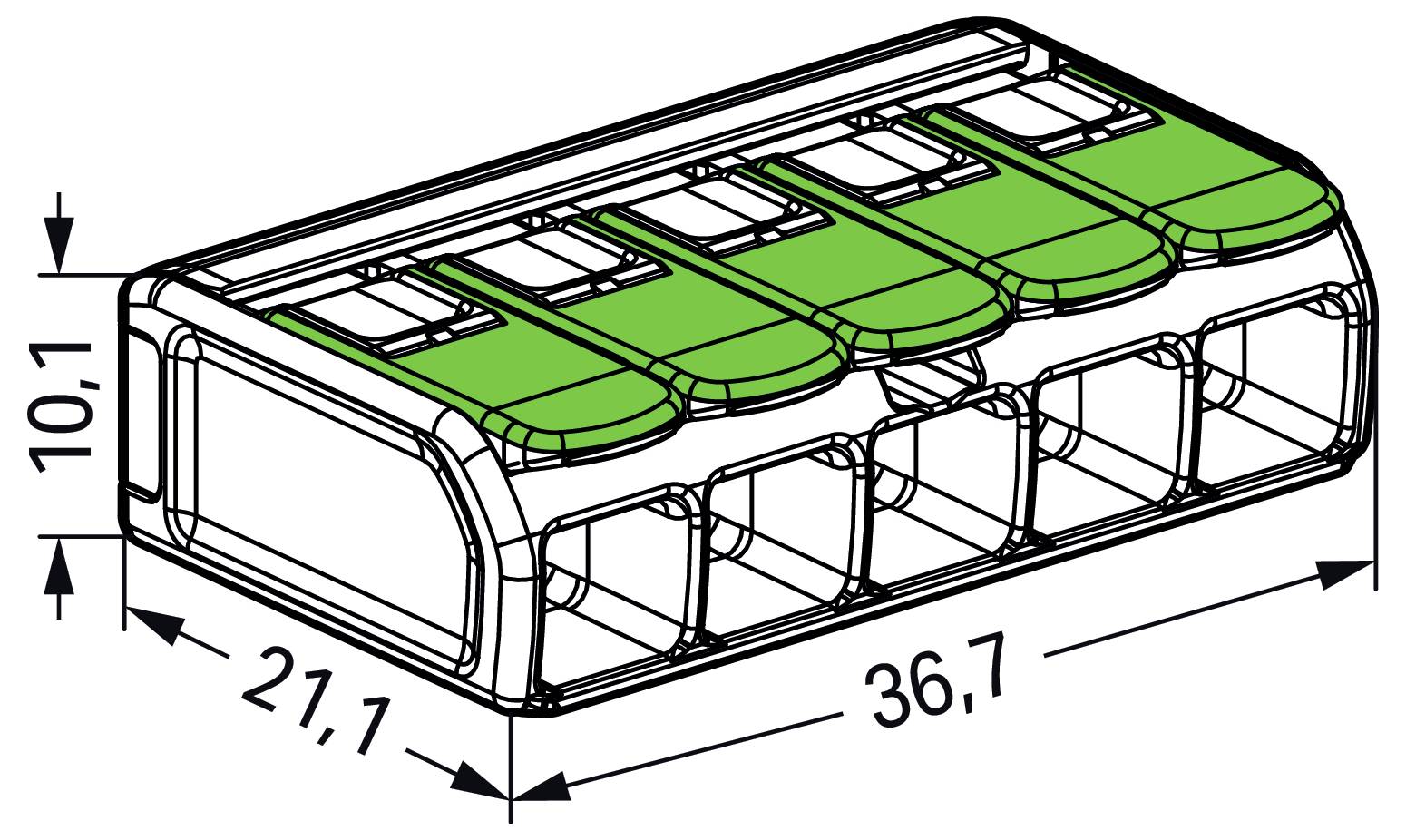 Ein Diagramm eines rechteckigen elektrischen Steckers mit fünf grünen Hebeln auf der Oberseite. Die Abmessungen sind mit 21,1 mal 36,7 mal 10,1 gekennzeichnet.
