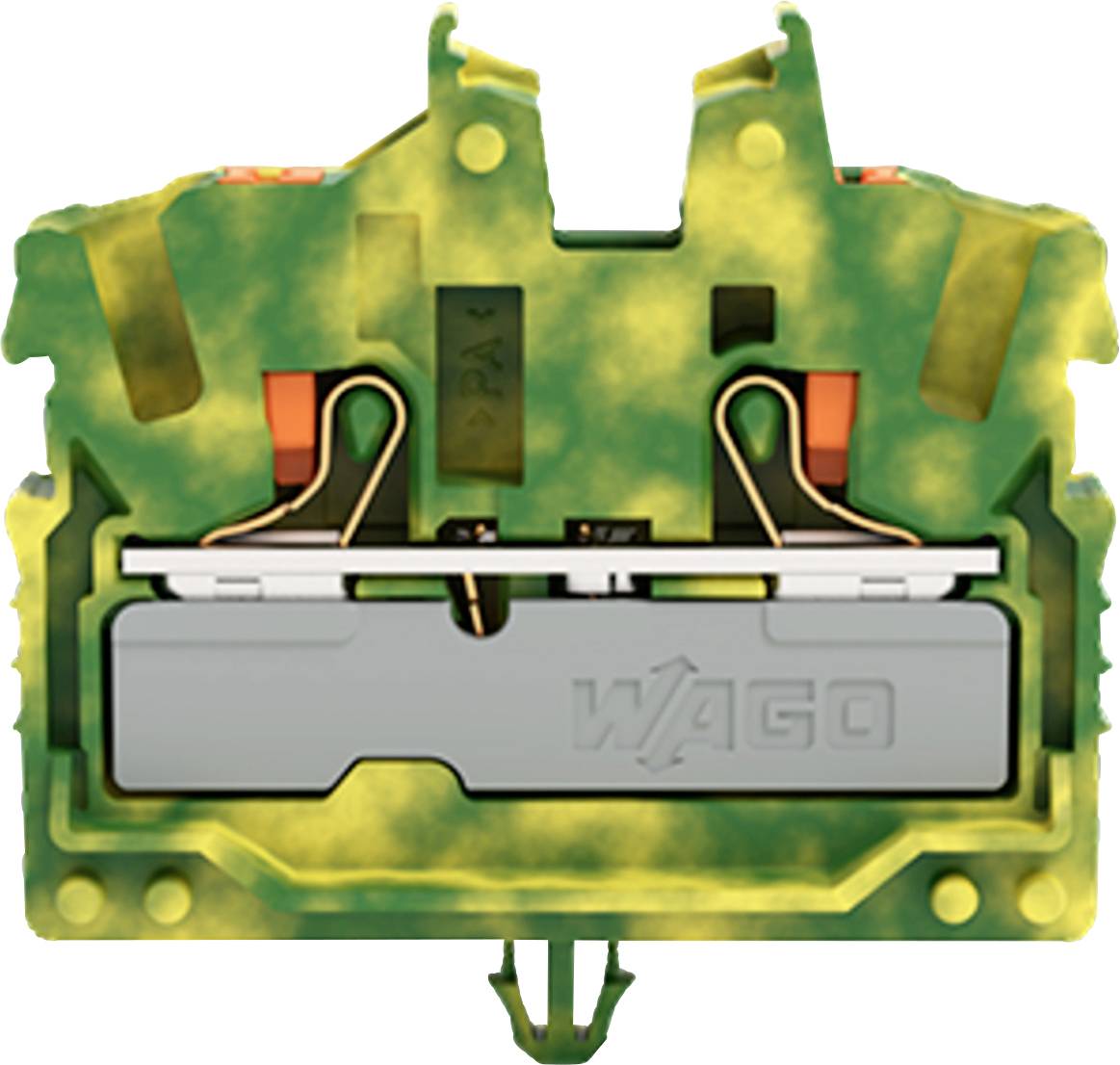 Ein grüner und gelber Steckverbinder mit "WAGO"-Prägung, der interne Metallklips zum Befestigen von Drähten zeigt.